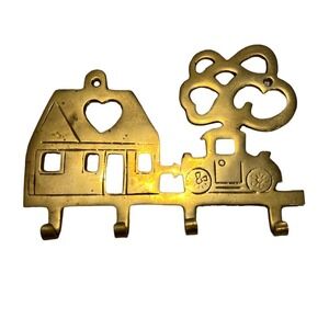 BRASS KEY HOLDER SHAPE OF HOUSE TREE CAR 4 CURVED HOOKS WITH 2 HOLES HANGING
